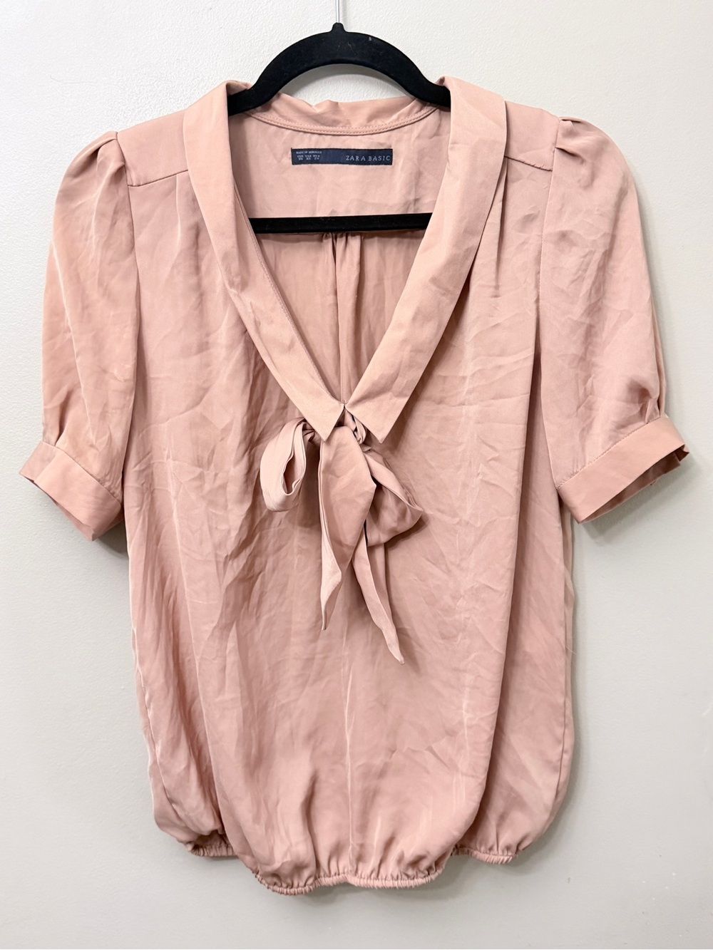 ZARA Tie Front Short Sleeve Bubble Blouse Blush Pink XS